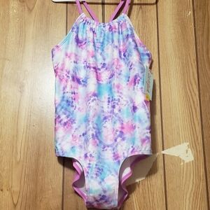 NWT Cat & Jack Girls One Piece Swimsuit With Shorts Purple LG (10/12) Tie Dye